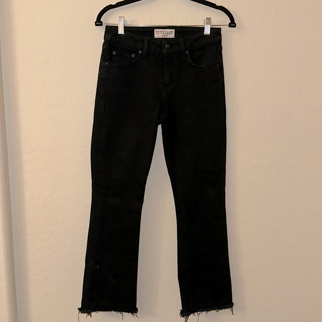 Derek Lam Gia Mid Rise Cropped Flare Jeans In Jet Black Size 25. Raw Hem